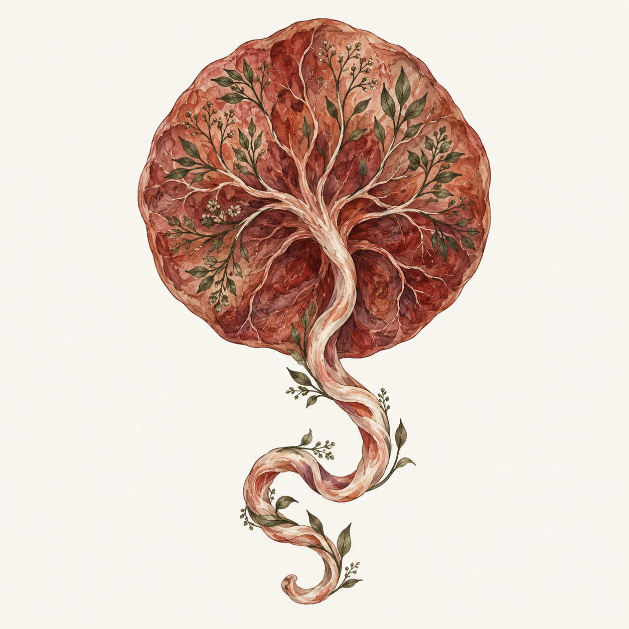 An artistic representation of a placenta and umbilical cord, with branching lines like a tree